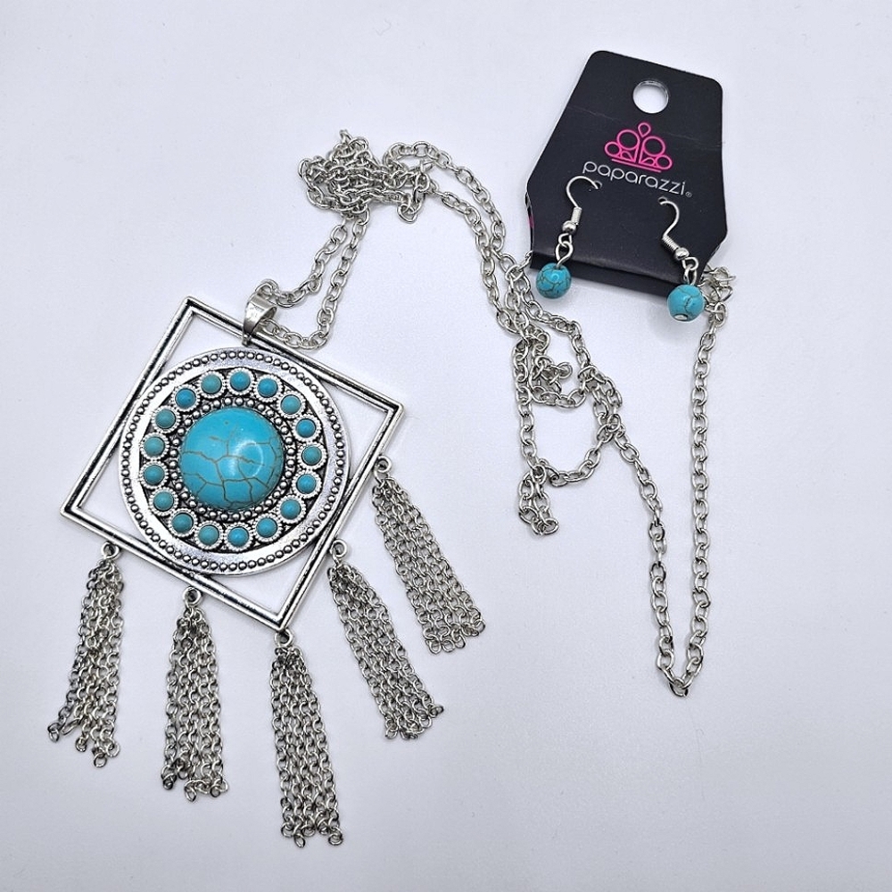 Sandstone Solstice In Blue Long Necklace & Earring Combo Turquoise Tribal